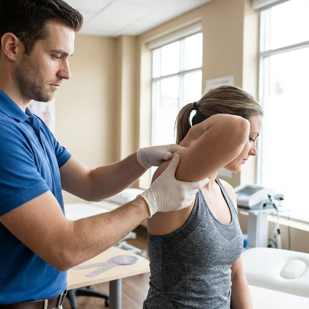 Clinician assessing a patient's shoulder range of motion