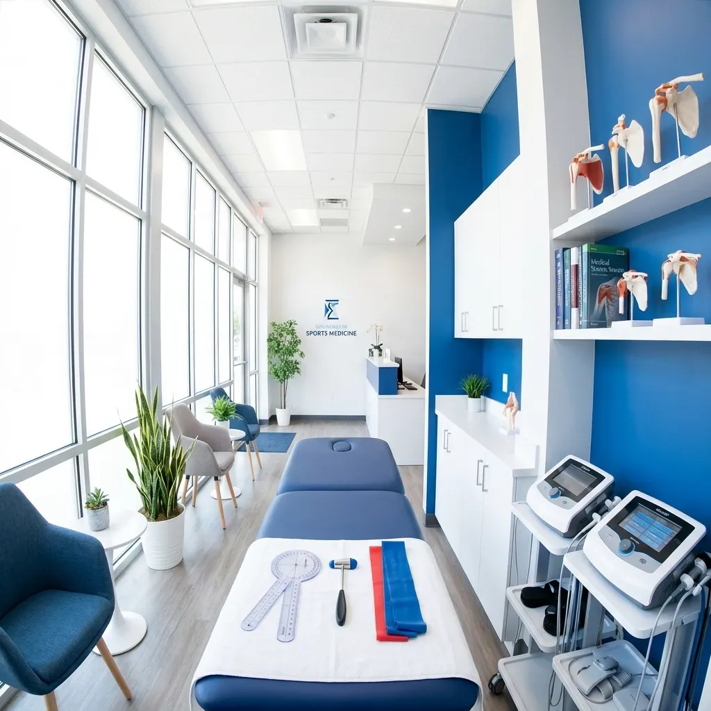 Bright sports medicine clinic with treatment table and anatomy models