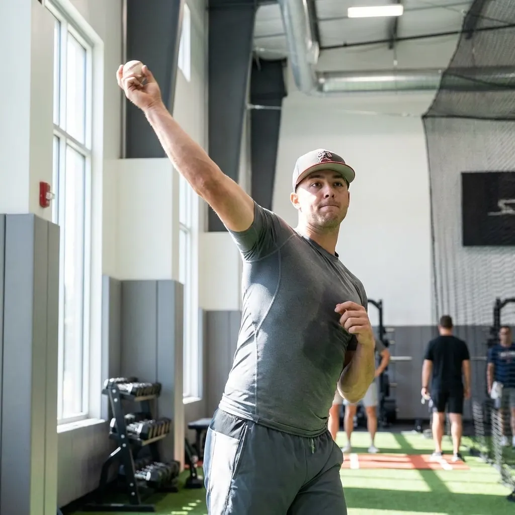 Pitcher throwing in an indoor training facility